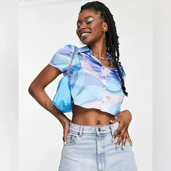 ♥️ ASOS  DESIGN capped sleeve shirt in lilac and blue marble 4 - Picture 1 of 8
